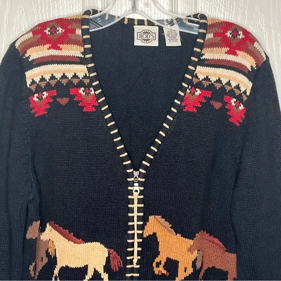 Rods Horse Print Zip Up Cardigan Sweater Womens Sz L Western Country Ranch - Picture 2 of 12